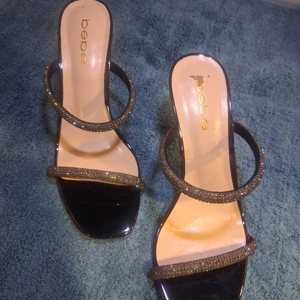Bebe Black Strappy Heels with Glitter Accents